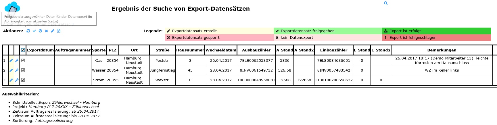 Übersicht Export-Datensätze vor Freigabe