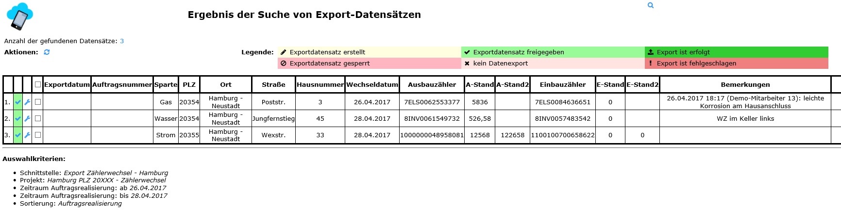 Übersicht Export-Datensätze nach Freigabe