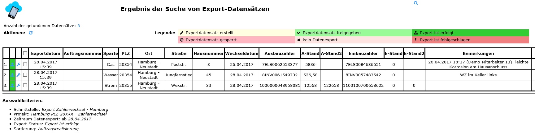 Übersicht Export-Datensätze nach Export